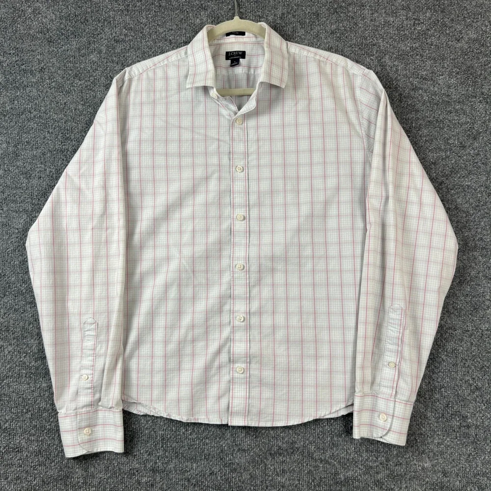 J.Crew Mens Performance Slim Fit Shirt Large White Pink Plaid Long Sleeve Button
